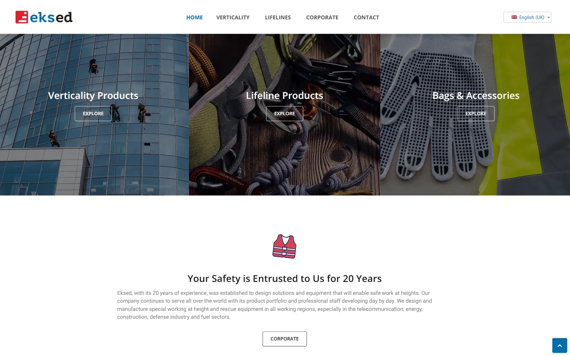 The Eksed safety-equipment lead site on desktop