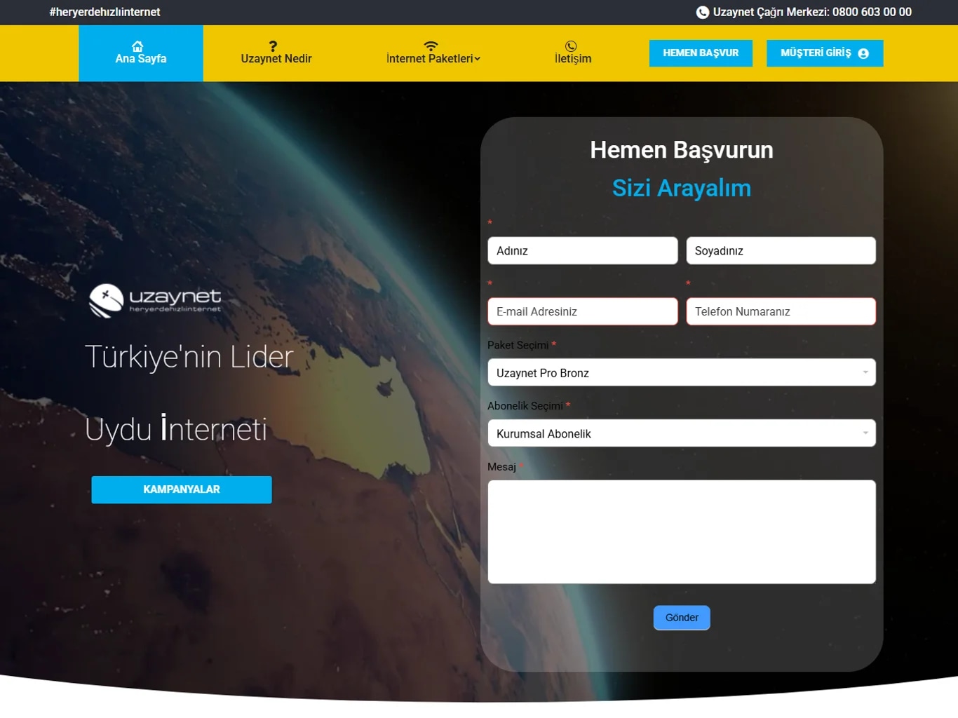 The Uzaynet satellite-internet lead site on tablet