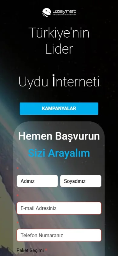 The Uzaynet satellite-internet lead site on mobile