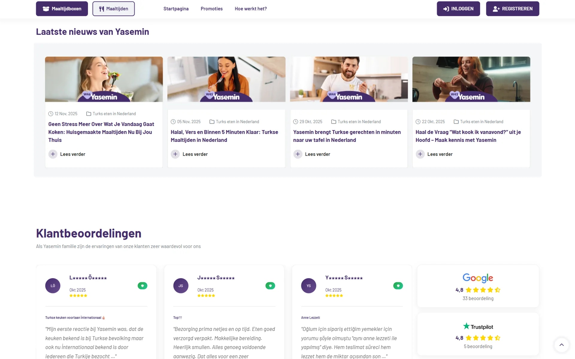 The Yasemin meal-delivery platform on desktop