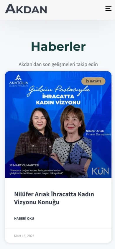 The Akdan corporate website on mobile