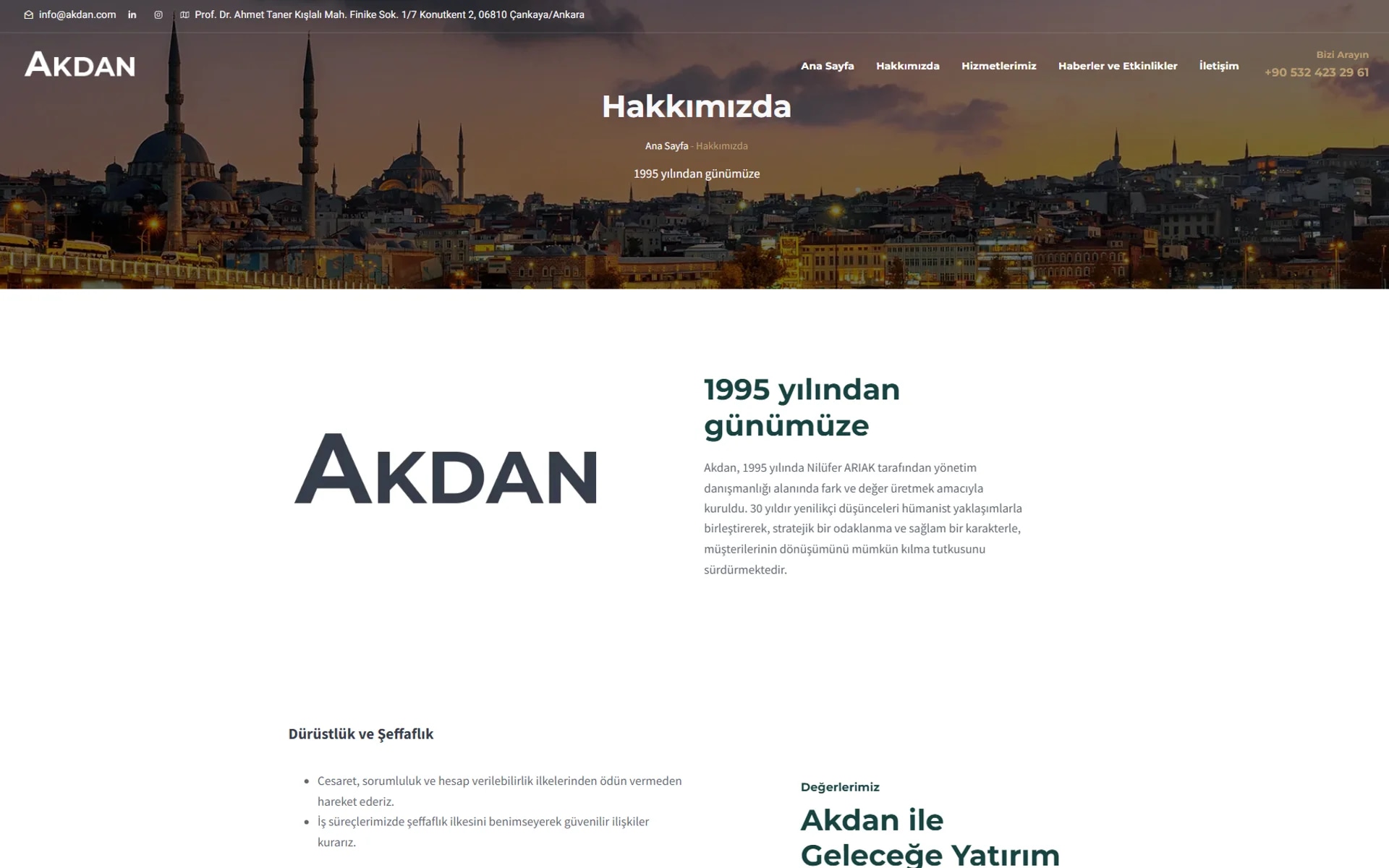 The Akdan corporate website on desktop