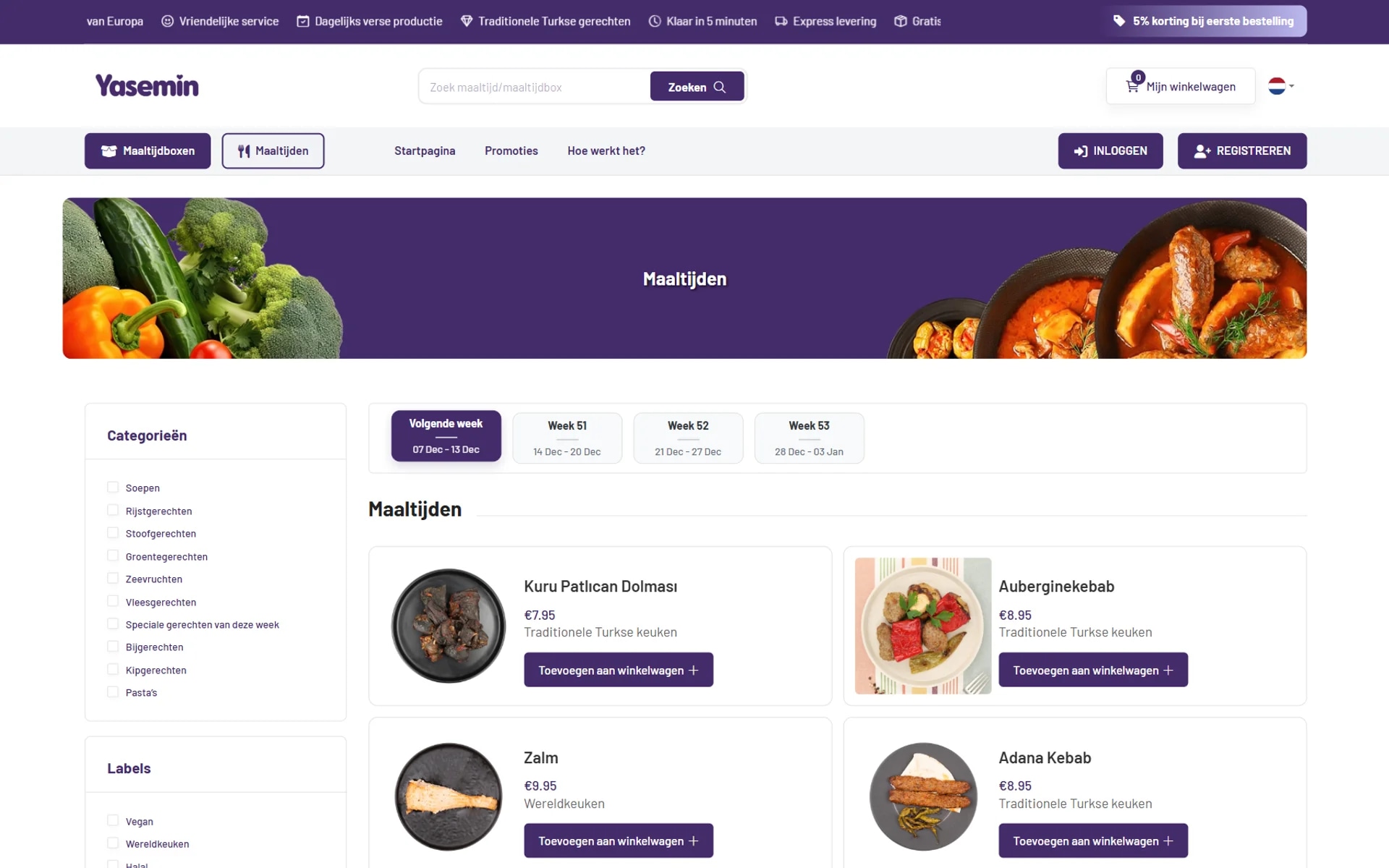 The Yasemin meal-delivery platform on desktop