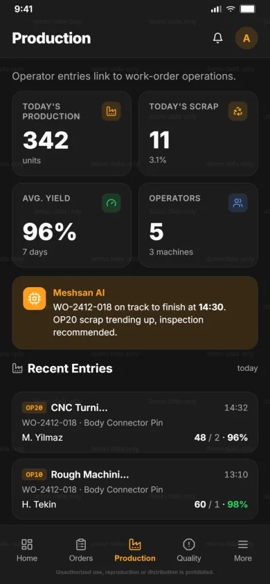 Meshsan MES production monitoring on mobile