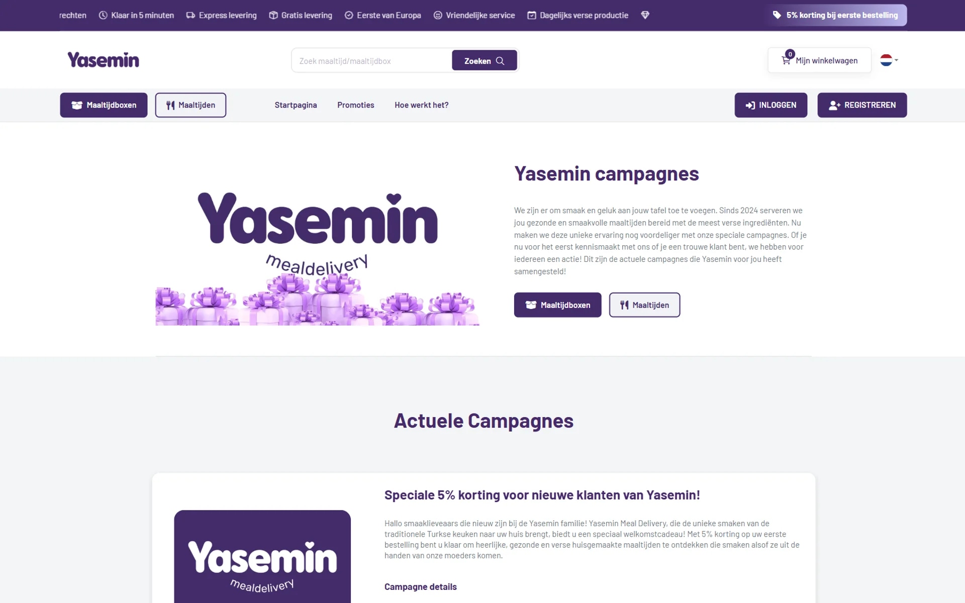 The Yasemin meal-delivery platform on desktop