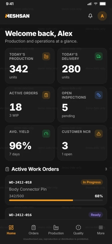 Meshsan MES manufacturing dashboard on mobile
