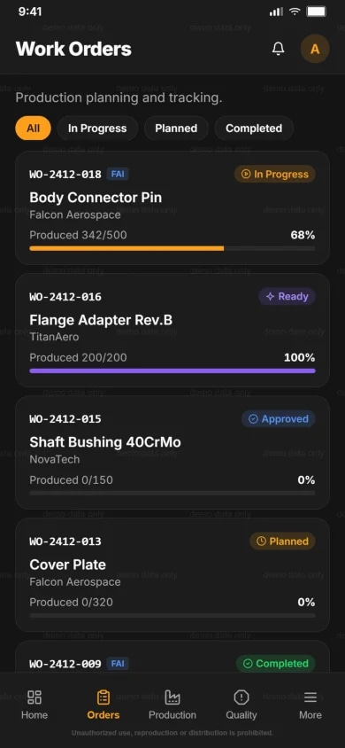 Meshsan MES work order tracking on mobile