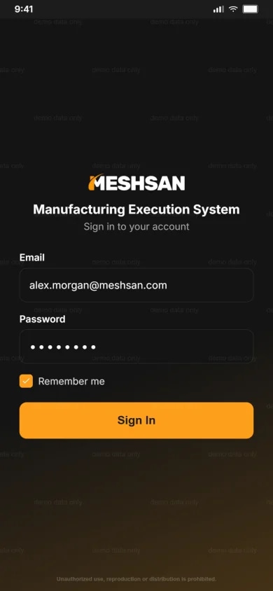 Meshsan MES login screen on mobile