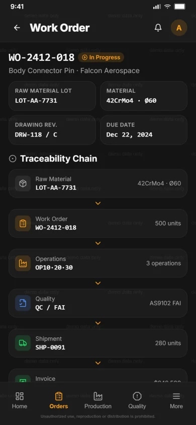 Meshsan MES end-to-end traceability on mobile