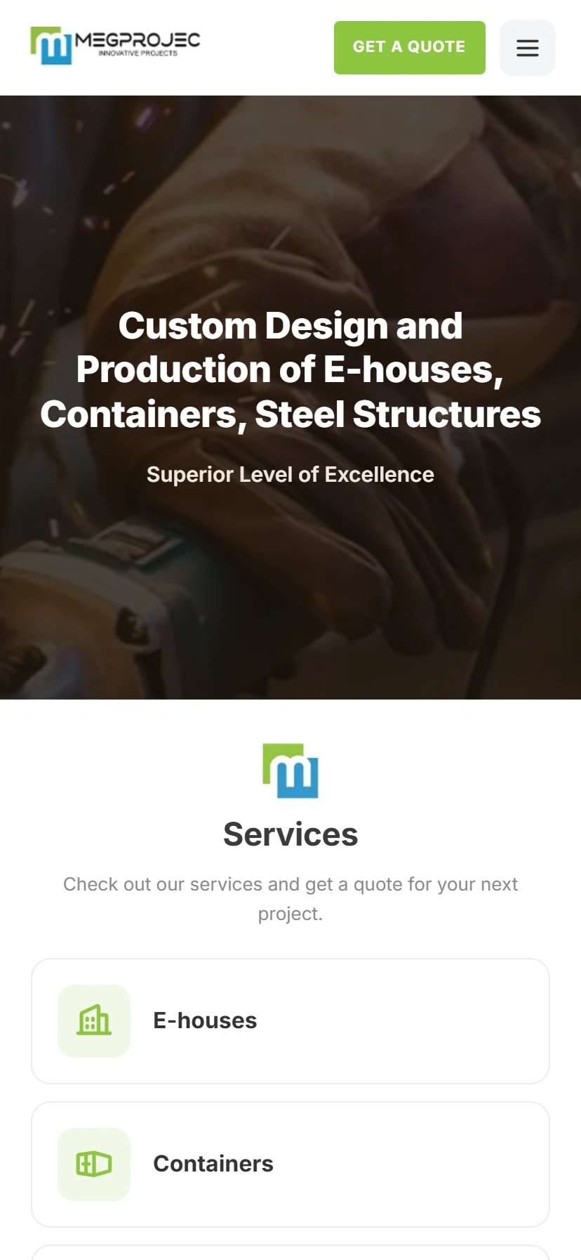 The Megprojec corporate site on mobile